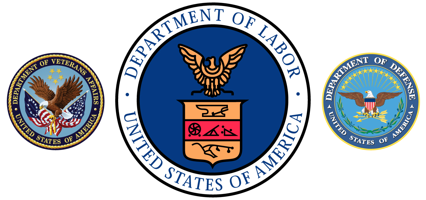 Department of Veterans Affairs, Department of Labor, Department of Defense seals