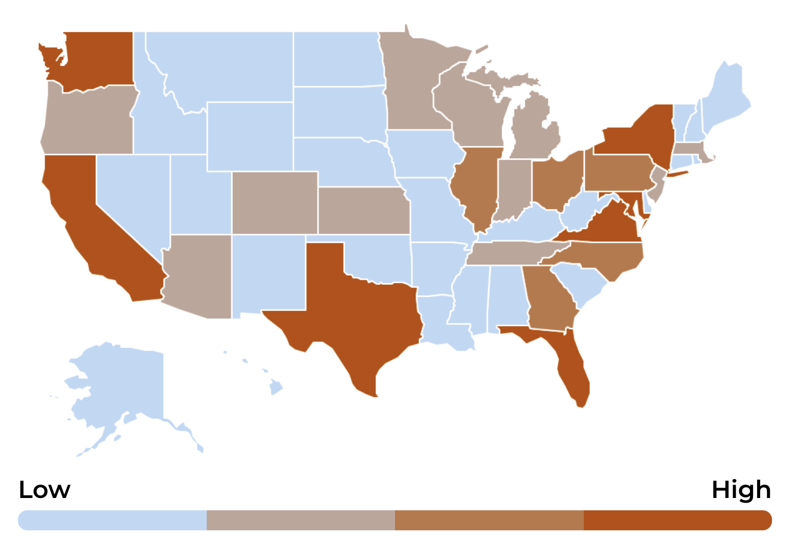 USA map showing more website visits in most populous states.